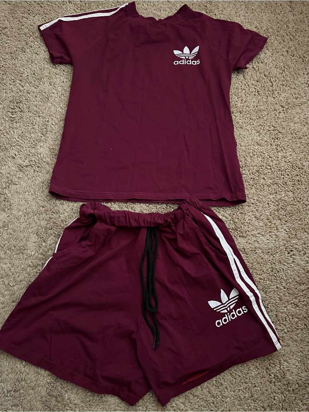 adidas Burgundy Kids Athletic Shorts with White Stripes
